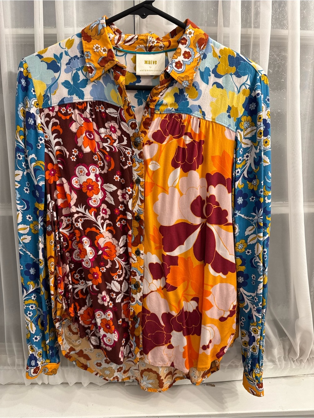 Anthropologie Floral Patchwork Button-Up in Mustard, Blue & Burgundy